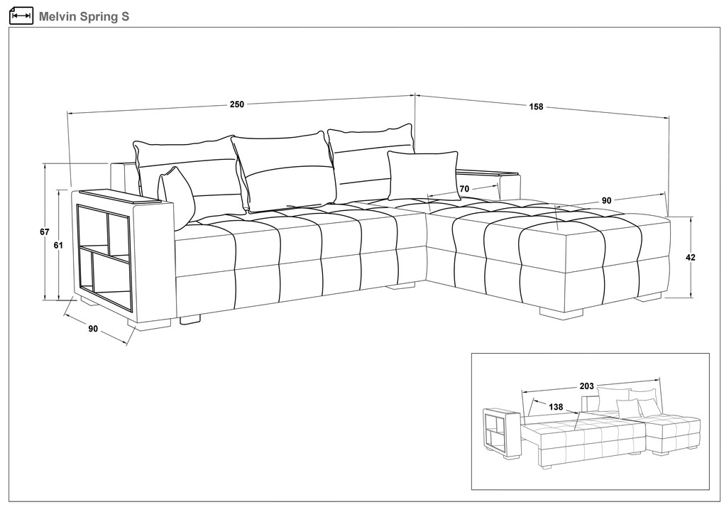 Разтегателен ъглов диван с подлакътник етажерка Мелвин Спринг S