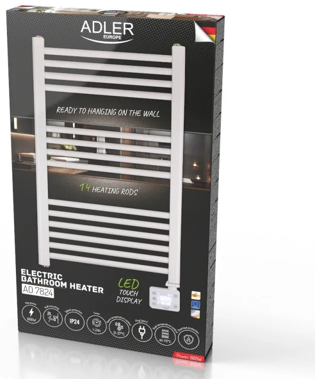 Лира за баня Adler AD 7824, 600W, 13 нагревателни ленти, LED контролер панел, Енергоспестяващ режим, IP24, Бял