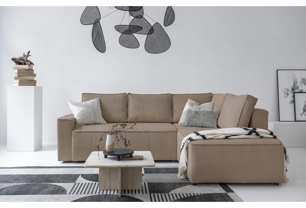 Бежов разтегателен ъглов диван от рипсено кадифе (десен ъгъл) Brave Dave – Miuform