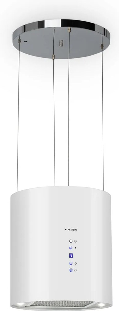 Klarstein Barett, островен абсорбатор, Ø 38 cm, рециркулация 522 m³/h, LED, филтър с активен въглен, бял