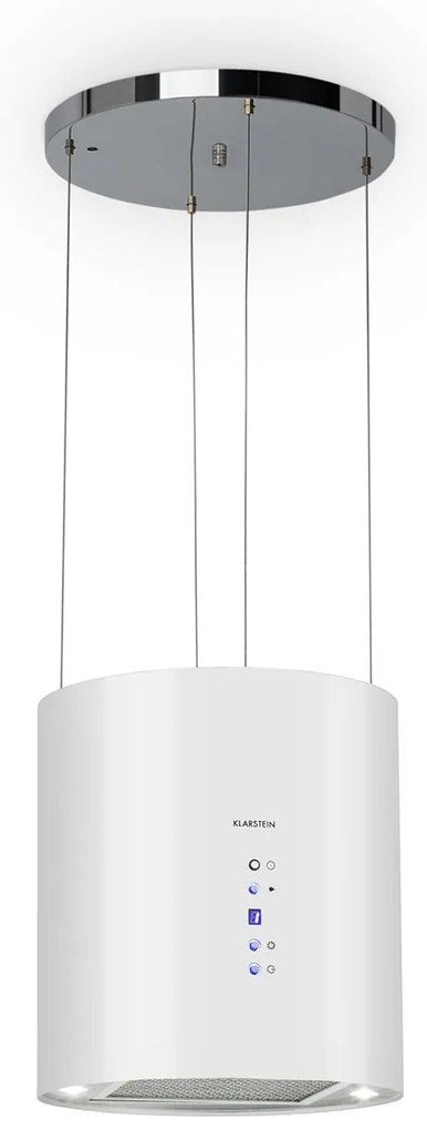 Klarstein Barett, островен абсорбатор, Ø 38 cm, рециркулация 560 m³/h, LED, филтър с активен въглен, бял