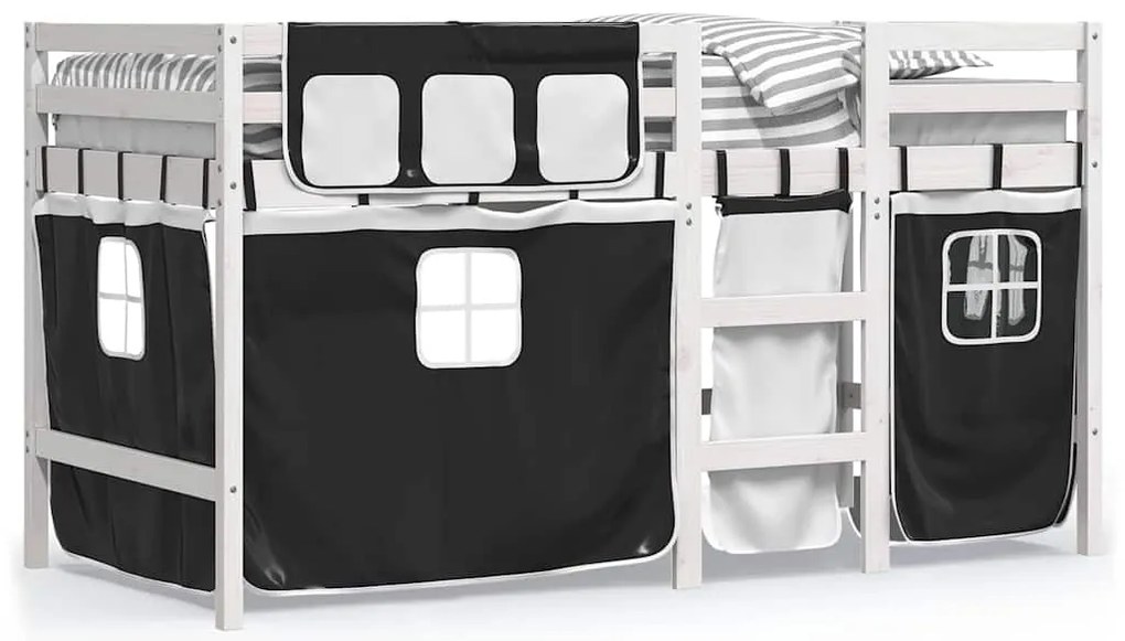 3283829 vidaXL Детско високо легло със завеси бяло и черно 90x190 см бор масив