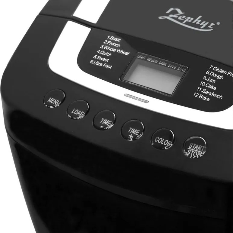 Хлебопекарна с две бъркалки ZEPHYR ZP 1446 E , 800W, 900-1250 гр, 12 програми, Таймер, Книжка с рецепти, Черен