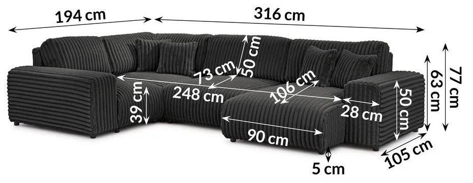 Тъмносив ъглов диван от рипсено кадифе (ляв ъгъл/U форма) Justin – Ropez