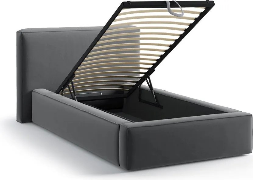 Сиво единично легло 90x200 cm тапицирано с място за съхранение с включена подматрачна рамка Jodie – Micadoni