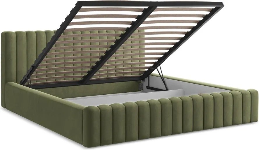 Зелено двойно легло 140x200 cm тапицирано с място за съхранение с включена подматрачна рамка Lemi – Makamii