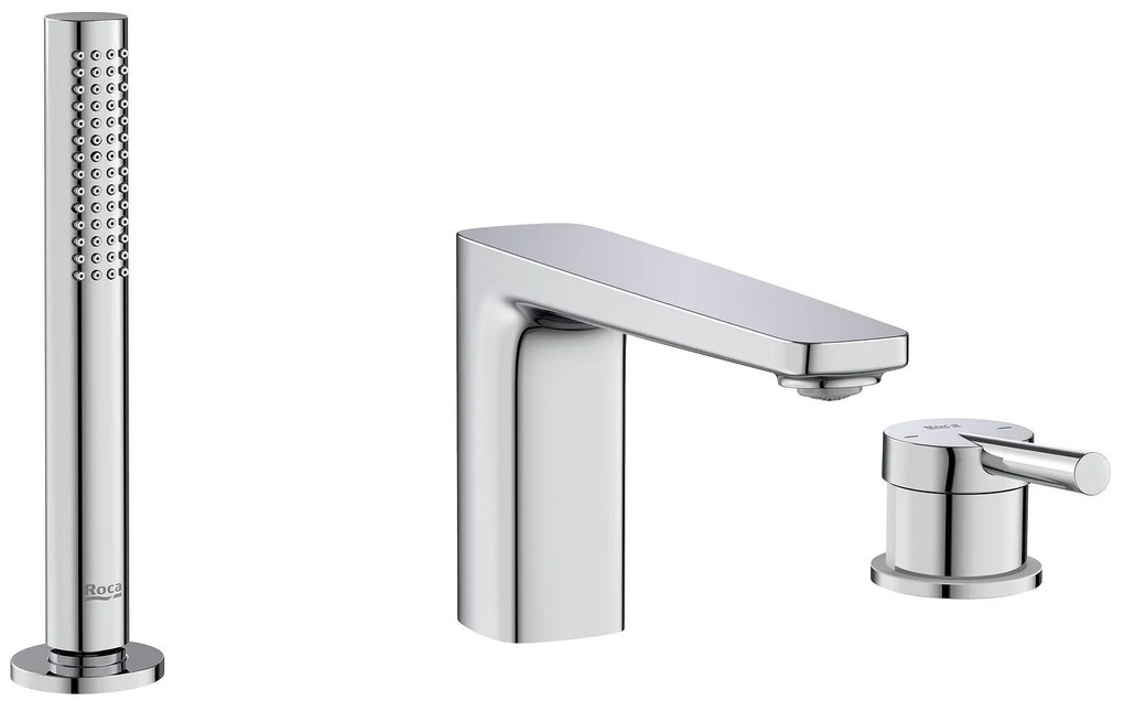 Стоящ смесител за вана-душ, A5A986DC00, Roca, с централен чучур, превключвател и душ слушалка, хром