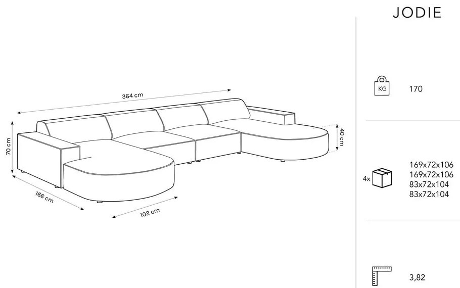 Ъглов диван от синьо кадифе (U-образен) Jodie - Micadoni Home