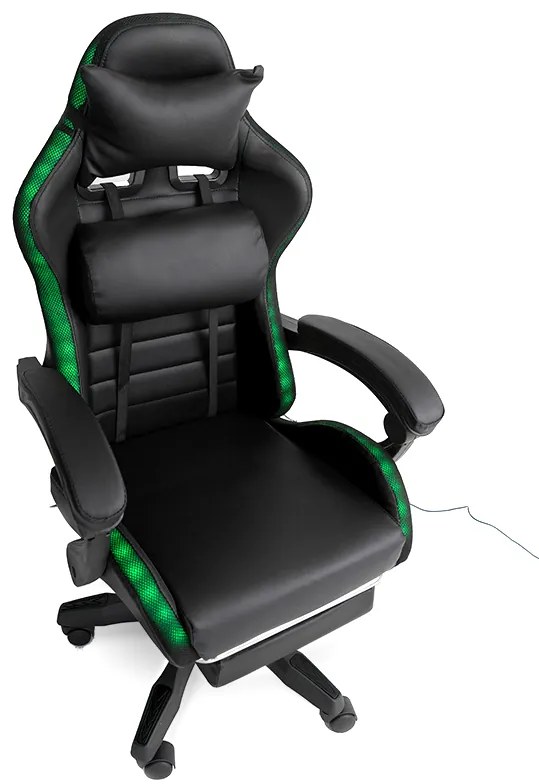 LED геймърски стол със сгъваема поставка за крака и функция за масаж - черен