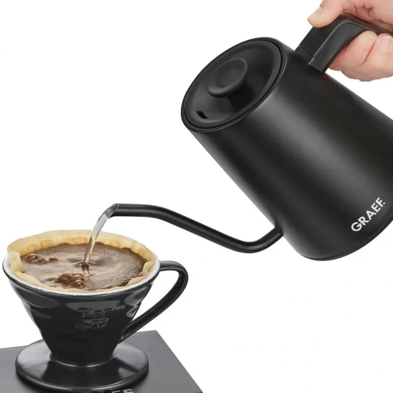 Електрическа кана за вода Graef Pour-over GK502, 1200W, 900 мл, 40-100°C, Keep Warm, Филтър, Чучур тип "Лебедова шия", Черен мат