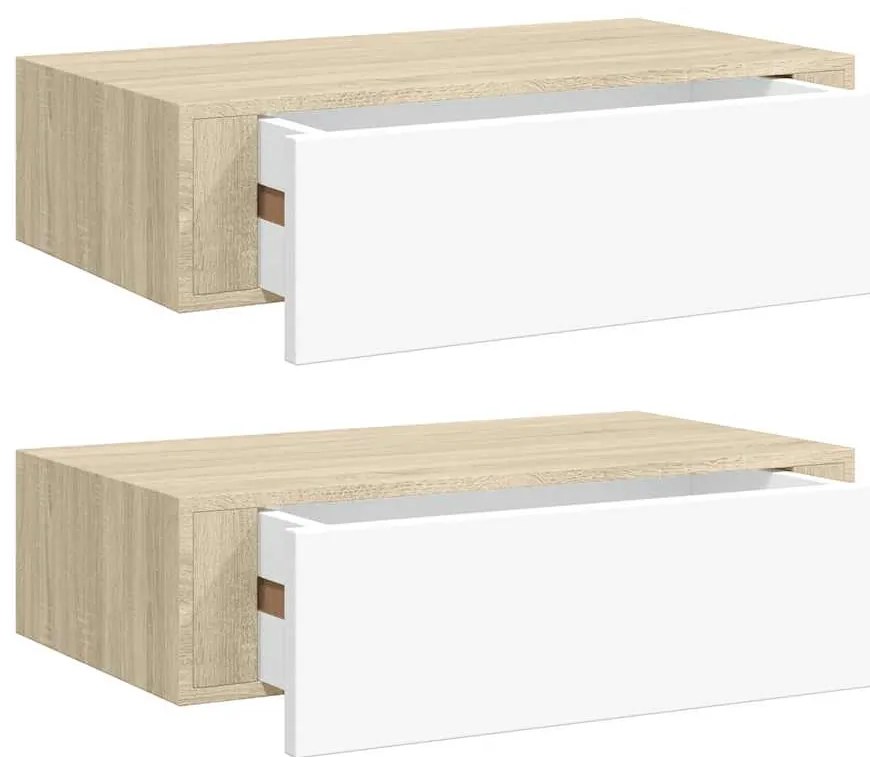 330250 vidaXL Стенни рафтове с чекмеджета 2 бр дъб и бял 40x23,5x10 см МДФ