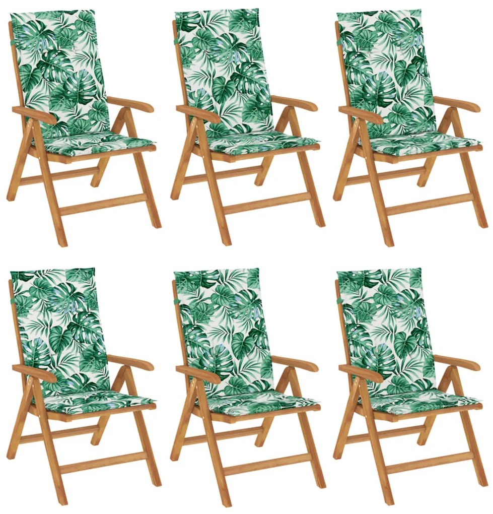 3196505 vidaXL Наклоняеми градински столове с възглавници, 6 бр, тик масив