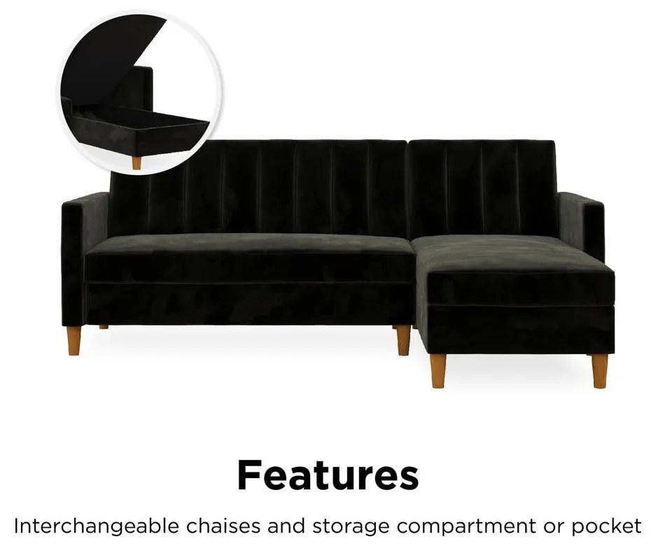 Черен разтегателен диван с кадифена повърхност и място за съхранение Celine - Støraa