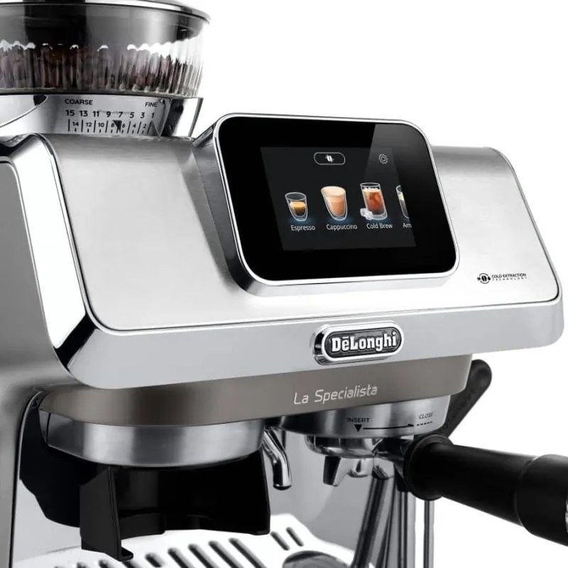 Еспресо машина DeLonghi EC9455.M La Specialista Touch, 1450W, 19 bar, 1.7 л, 4 темп, 5 нива на пяна, 15 степени на смилане, Bean adapt, Сензорен дисплей, Сребрист