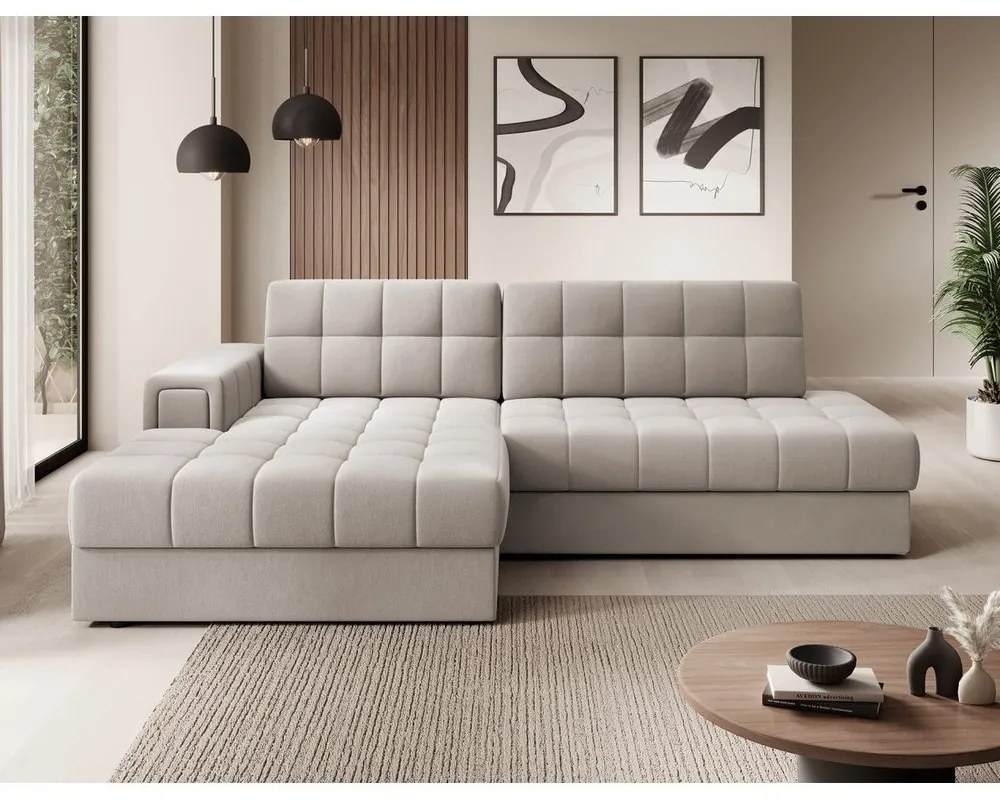 Бежов кадифен разтегателен ъглов диван (ляв ъгъл) Blezalt – ELTAP