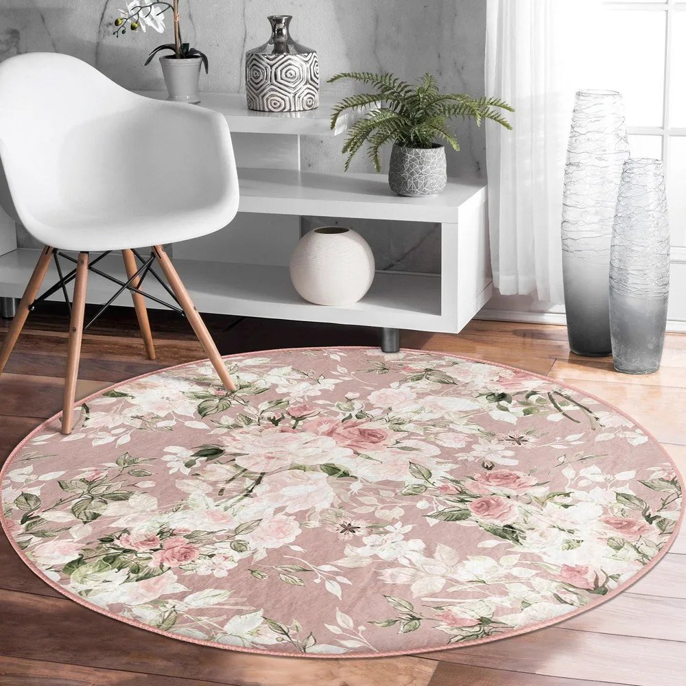 Светлорозов кръгъл килим подходящ за пране и за прахосмукачки роботи ø 80 cm Comfort – Mila Home