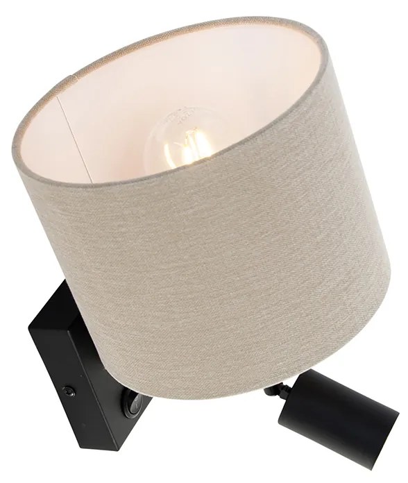 Стенна лампа черна с лампа за четене и абажур 18 см светло кафяв - Brescia