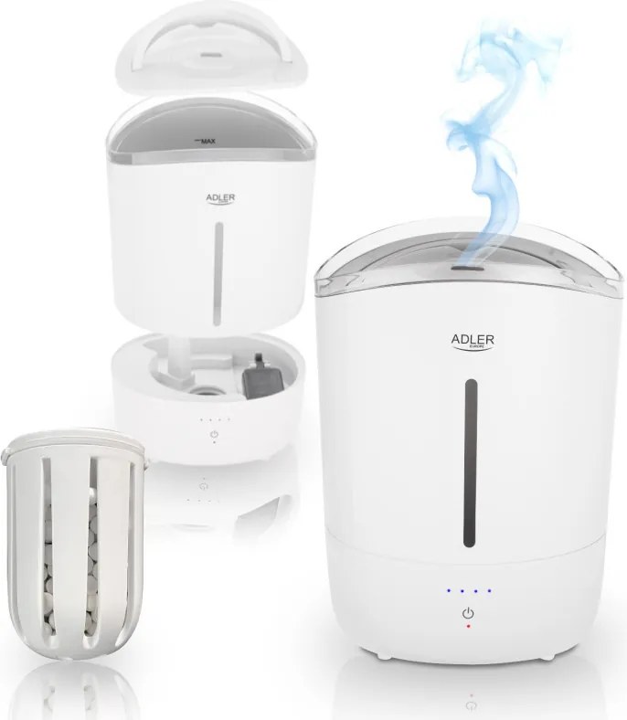 Овлажнител за въздух Adler AD 7971, 30W, До 20м2, 5 литра, 150-300 мл/час, Ултразвук, До 50 часа с едно пълнене, Бял