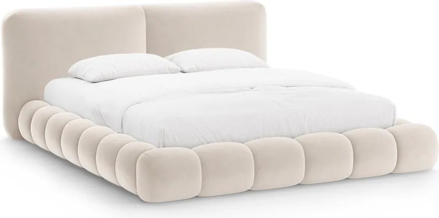 Двойно легло тапицирано с място за съхранение и включена подматрачна рамка в цвят слонова кост 200x200 cm Solange – Micadoni