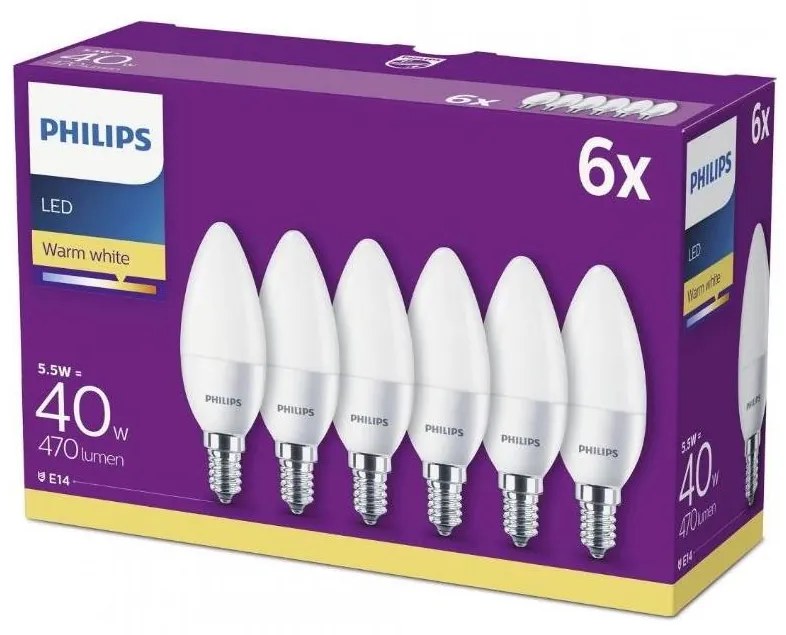 К-кт 6бр. LED крушки Philips B35 E14/5,5W/230V 2700K