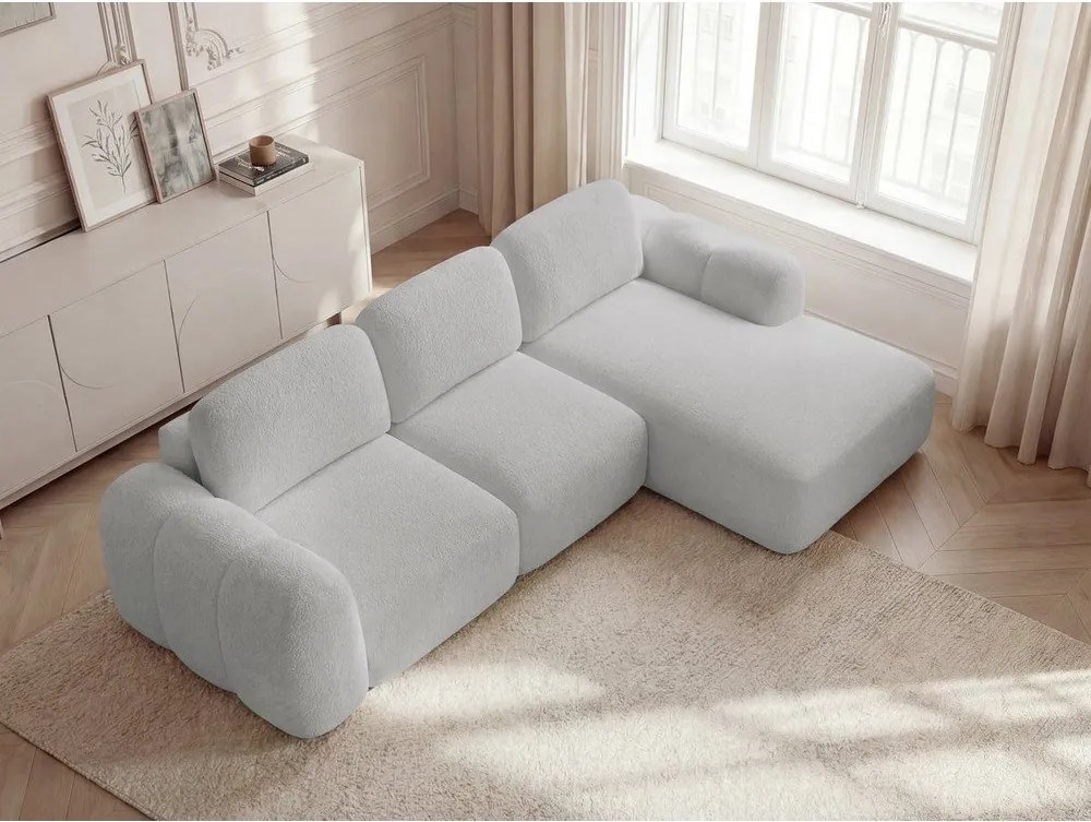 Светлосив сгъваем/с място за съхранение ъглов диван от прежда с примки от букле (десен ъгъл) Montaigne – Bobochic Paris