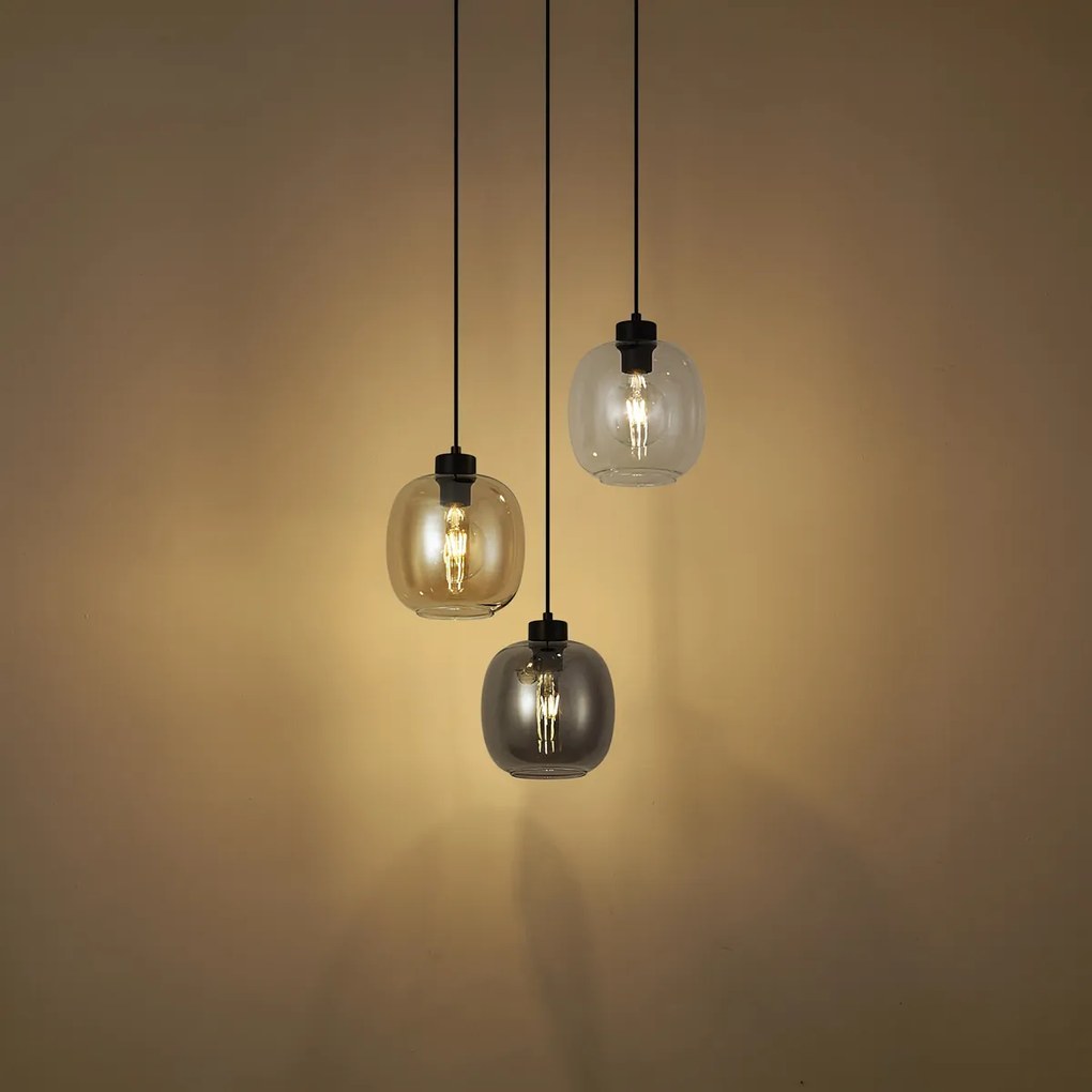 Висяща лампа черна с кехлибарено, димно и прозрачно стъкло 3 светлини - Елена