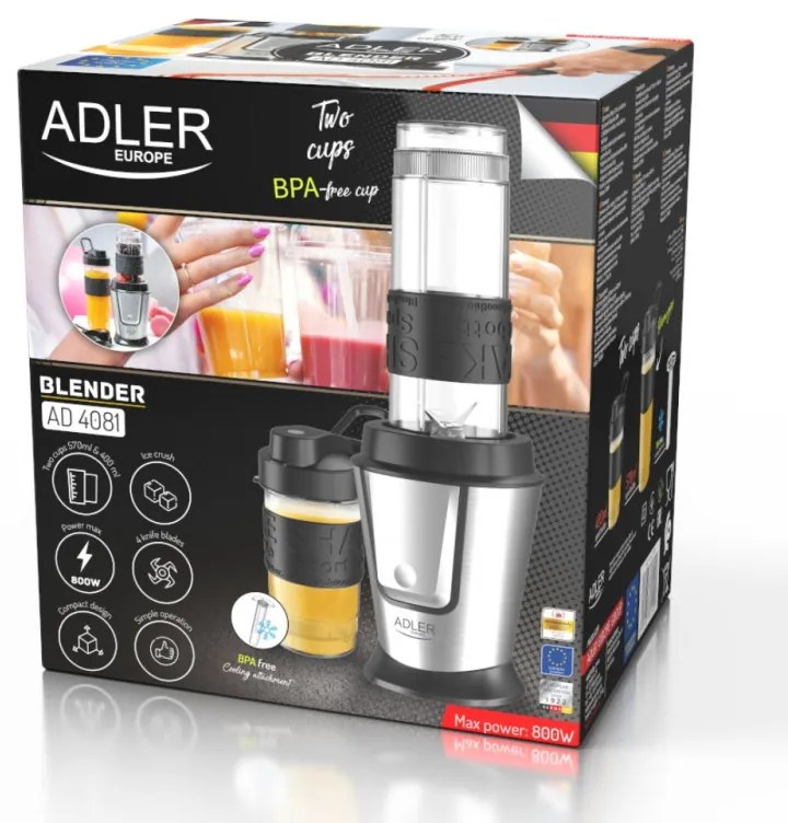 Блендер Adler AD 4081, 800W, 2 купи/бутилки 400/570 ml, 20000 об/мин, 4 остриета от неръждаема стомана, Разбиване на лед, Без BPA, Черен