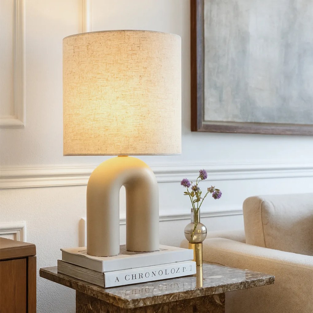 Скандинавска настолна лампа бежова с бежов абажур от лен - Лоти