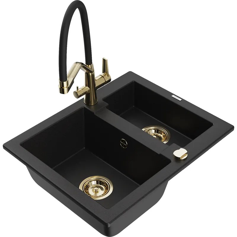 Mexen Carlos гранитна кухненска мивка с 1,5 камери и кухненски смесител Duo, черен - 6518-77-671701-57-G