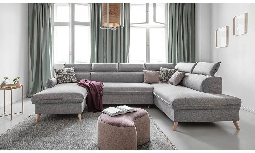 Светлосив U-образен разтегателен диван, десен ъгъл Sweet Harmony - Miuform