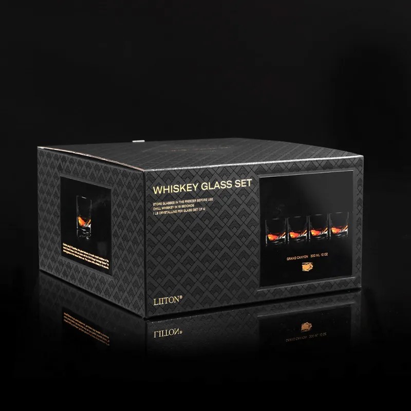 Комплект чаши за уиски LIITON Grand Canyon 300 мл, 4 бр, Удебелени стени, 3D дъно с форма на Гранд Каньон, Прозрачен