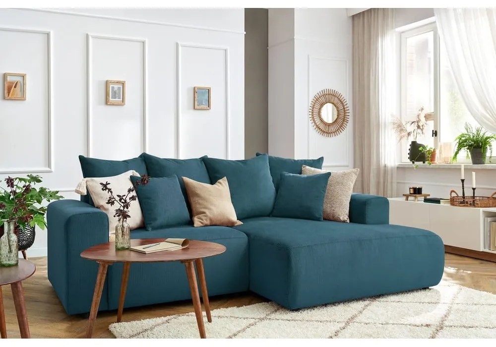 Син кадифен ъглов диван Enjoy – Bobochic Paris