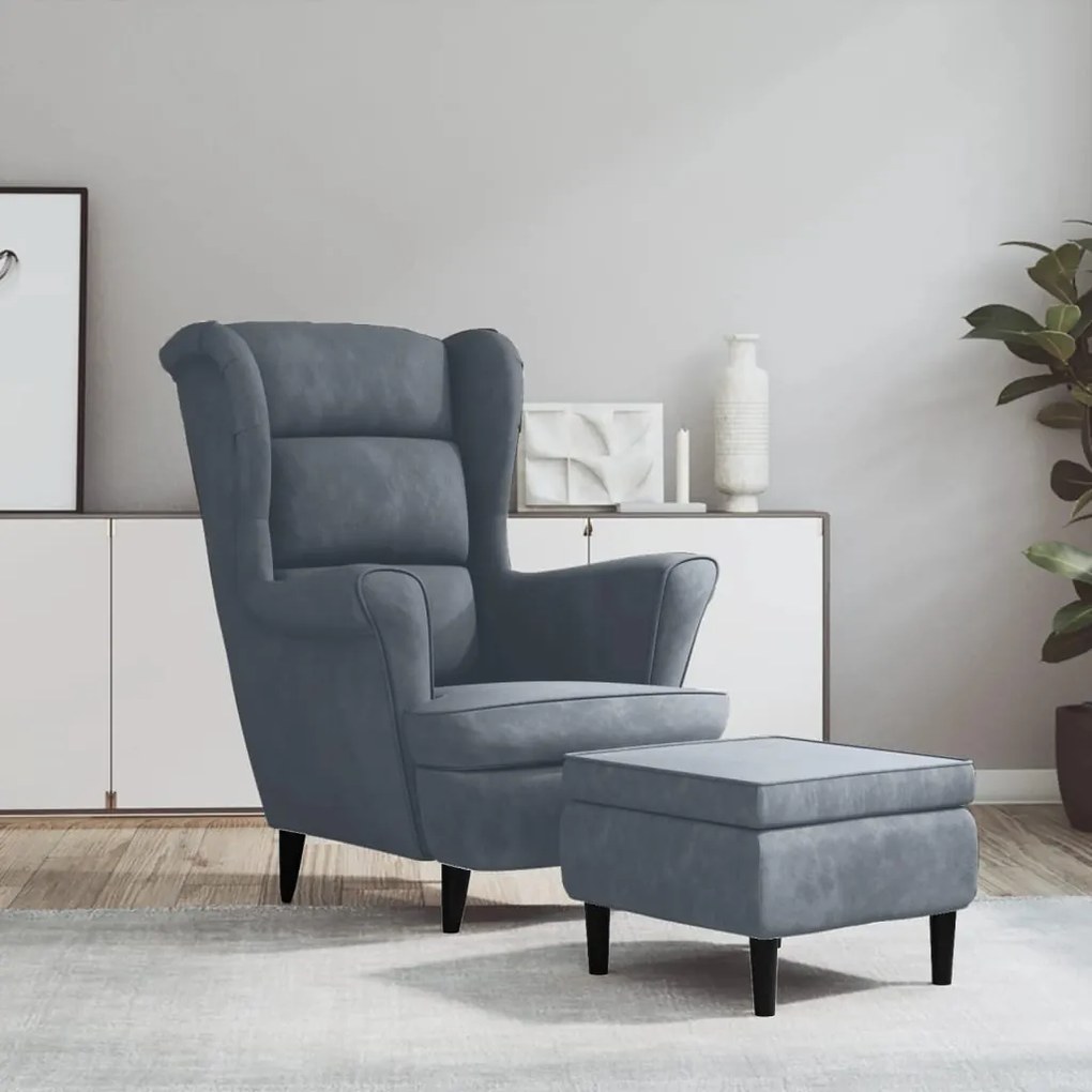 3115932 vidaXL Фотьойл Wingback с табуретка, тъмносив, кадифе