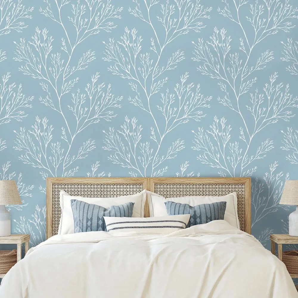 Самозалепващ фототапет – Бели клонки на син фон