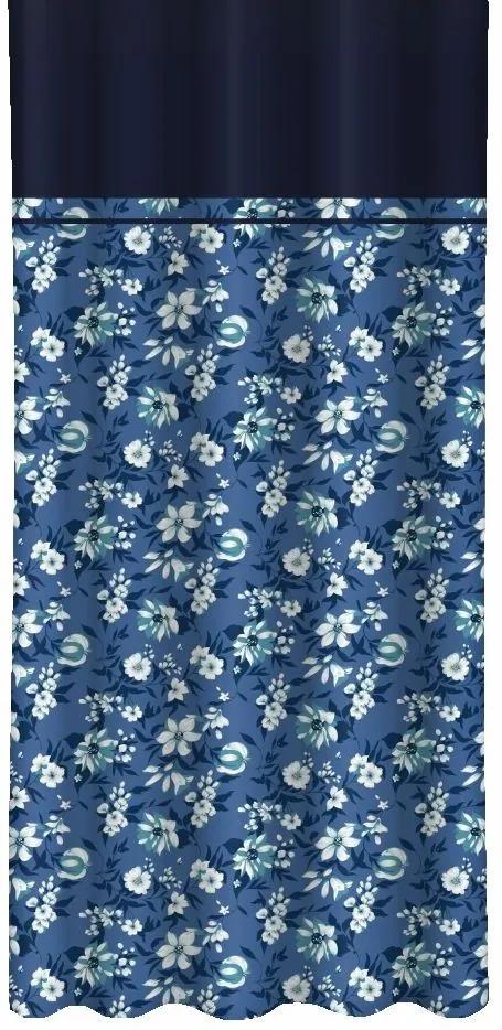 Синя завеса с бели и сини цветя и тъмносин кант Ширина: 160 см | Дължина: 250 см