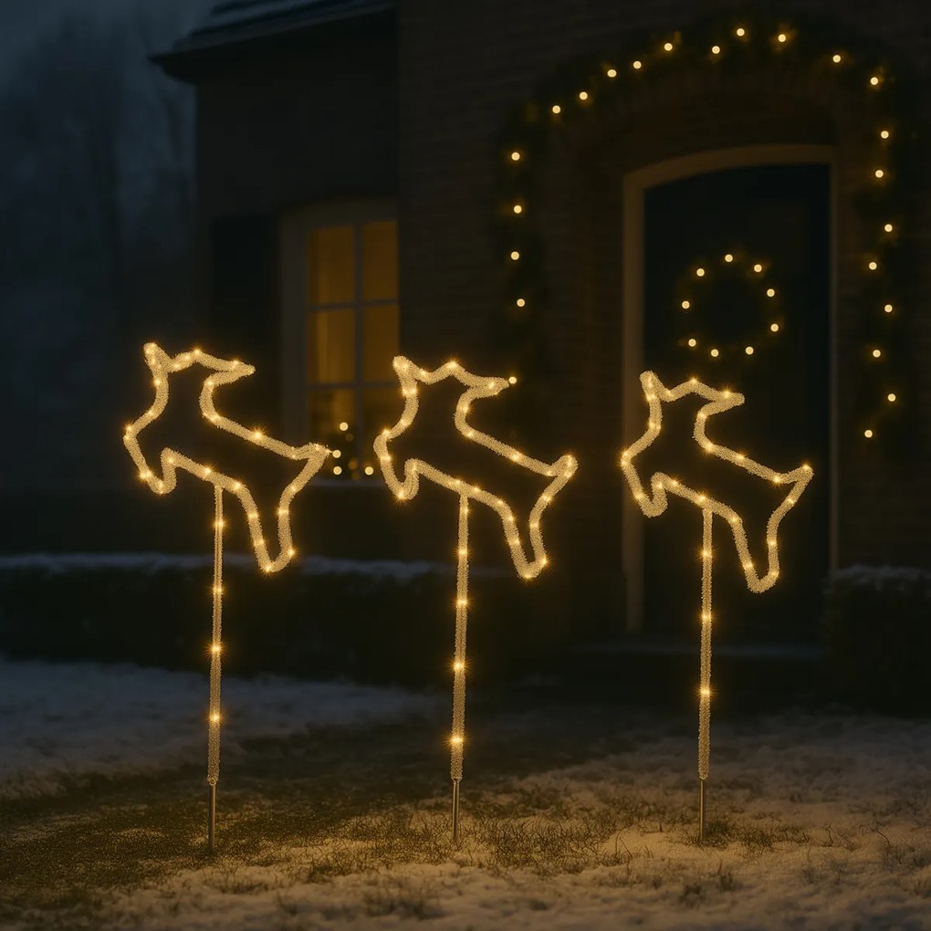 Комплект от 3 коледни прожектора бял елен с LED и таймер IP44 - Shika