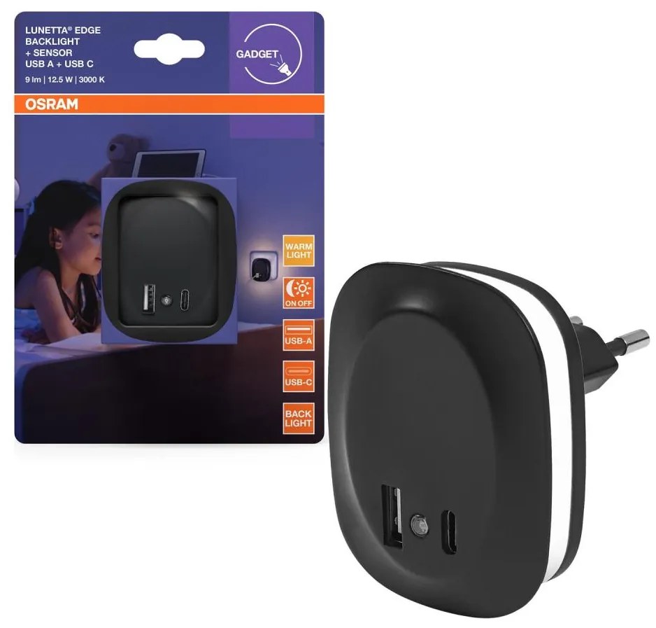 Osram - LED нощна лампа за контакт със сензор и USB LUNETTA LED/12,5W/230V