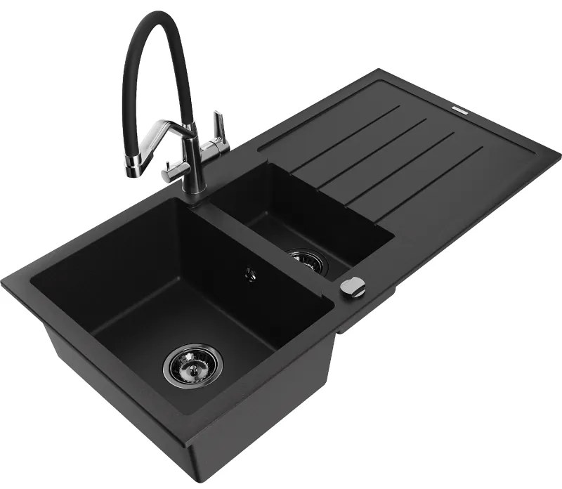 Mexen Andres Гранитна кухненска мивка 1,5-камерна с отцедник и кухненски смесител Duo, черен - 6515-77-671701-07-B