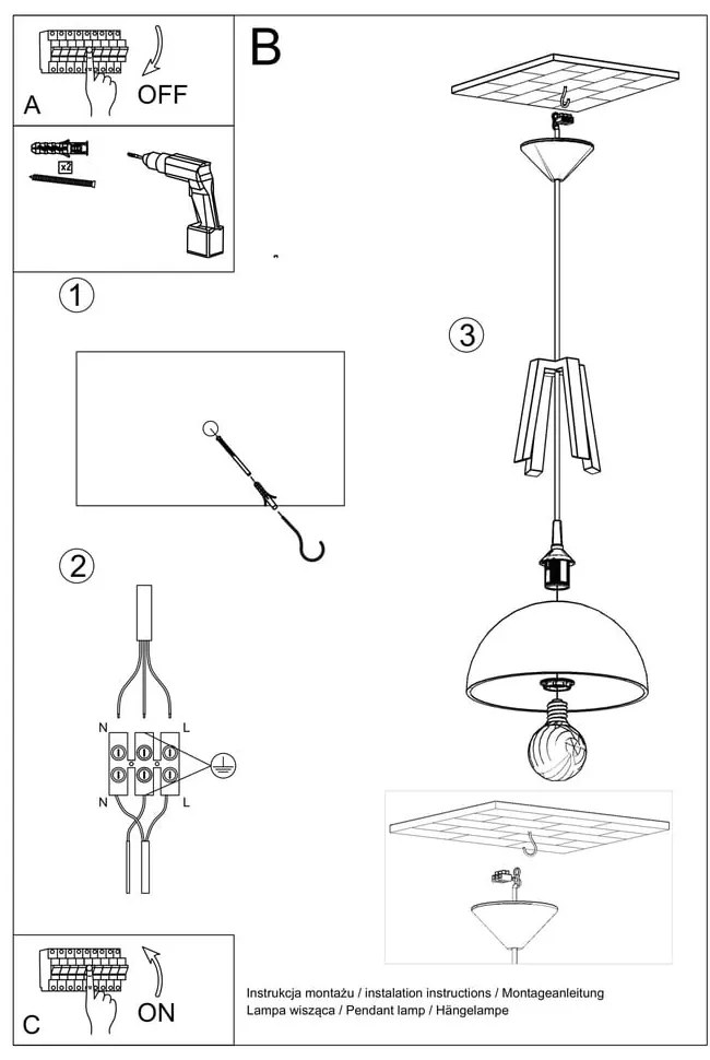Висящо осветително тяло в черно и бежово Olla - Sollux