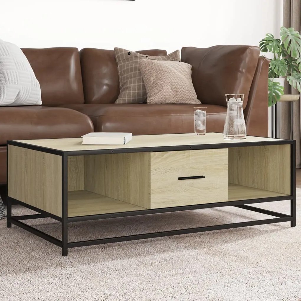 848760 vidaXL Кафе маса, дъб сонома, 100x57x35 см, инженерно дърво и метал