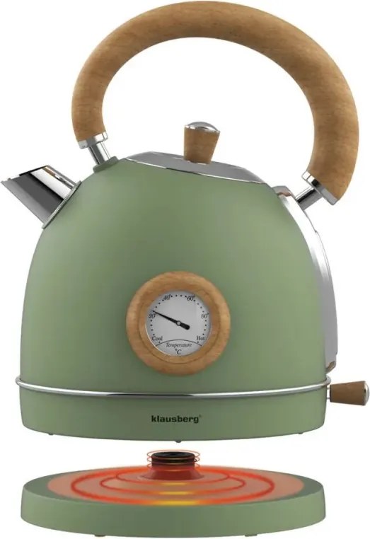 Електрическа кана-чайник Klausberg KB 9008, 2200W, 1.8 л, 360° основа, Индикатор ниво вода, Термометър, Зелен