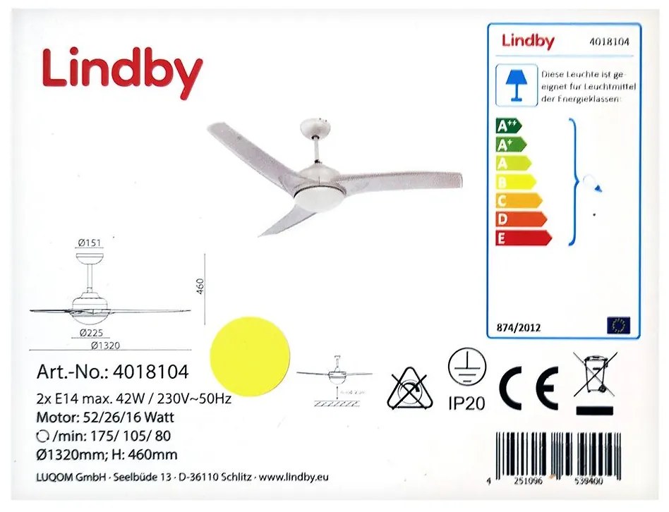 Lindby - Таванен вентилатор EMANUEL 2xE14/42W/230V + дистанционно