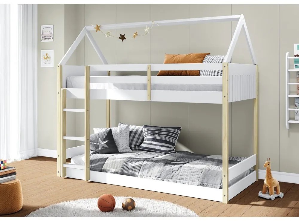 Двуетажно детско легло тип къща в бял и естествен цвят 90x190 cm Valka – Marckeric