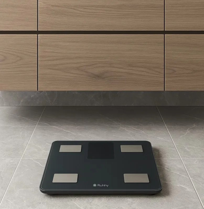 Интелигентна електронна везна с приложение RUHHY 20675, тегло до 226 кг, кантар за баня, черен цвят