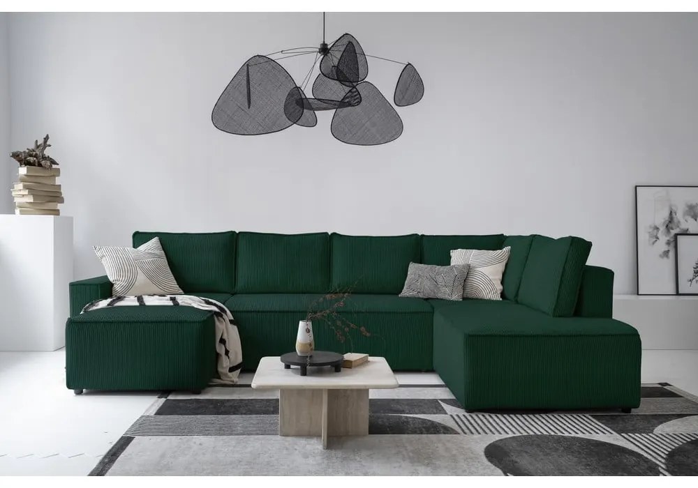 Тъмнозелен разтегателен ъглов диван от рипсено кадифе (десен ъгъл/"U" форма) Brave Dave – Miuform