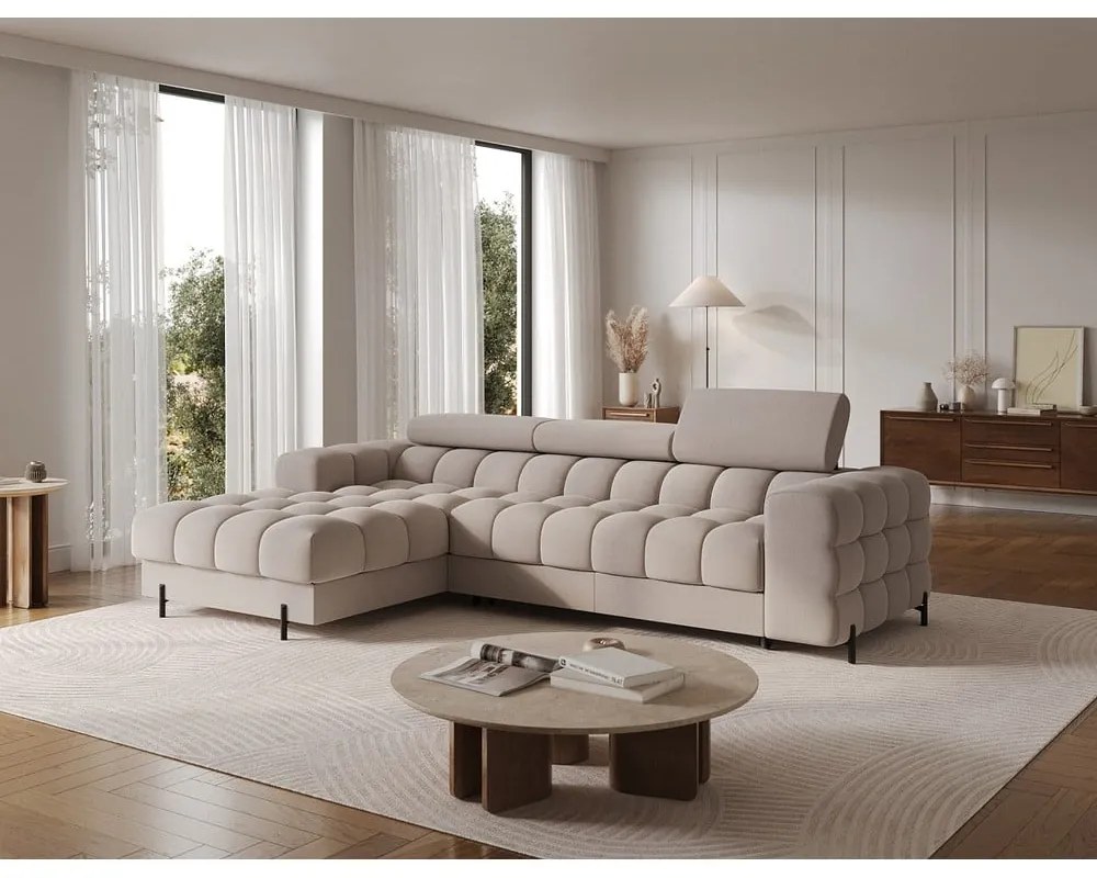 Бежов кадифен разтегателен ъглов диван с място за съхранение (ляв ъгъл) Felro – ELTAP