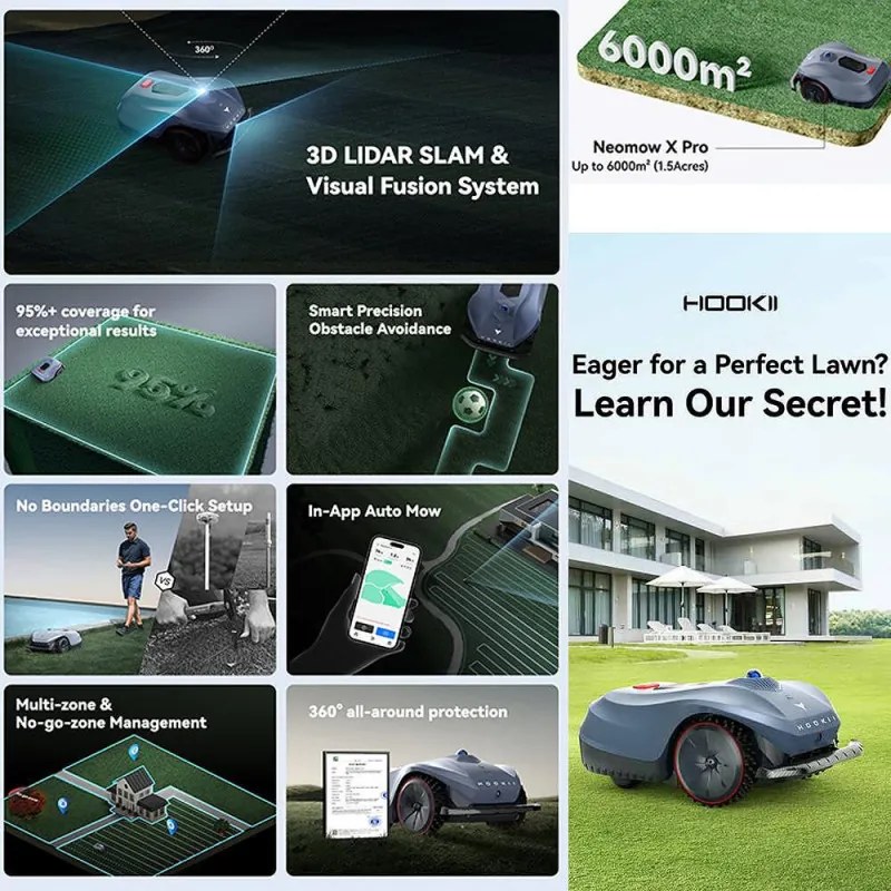 Косачка-робот HOOKII Neomow X Pro, 6000 м2, 4 режима, Работа без ограничителен кабел или антени, 60 dB, Wi-Fi, 4G, Bluetooth, Автономия 180 минути, Сив