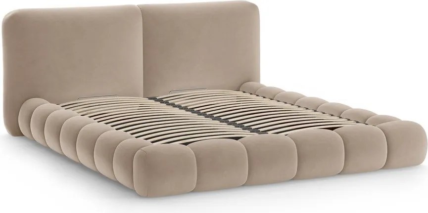 Светлокафяво тапицирано двойно легло с място за съхранение и включена подматрачна рамка 160x200 cm Solange – Micadoni