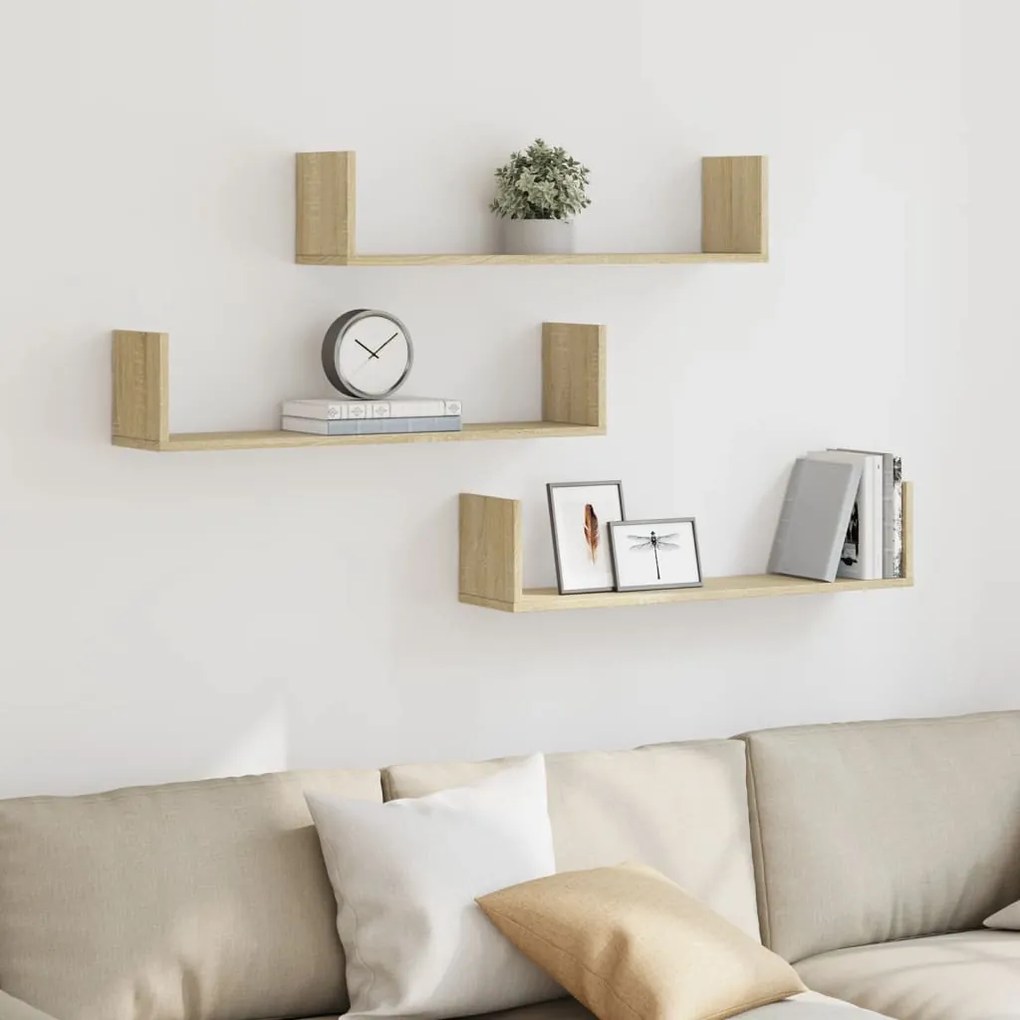 853292 vidaXL Стенни рафтове, 3 бр, дъб сонома, 80x18x18 см, инженерно дърво