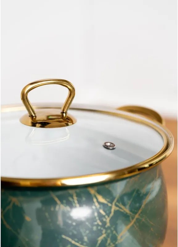 Втора ръка: Тенджера Goldmann GM 8017-22G, 5л, 22х14 см, Емайлирана, Индукция, Стъклен капак, Изумрудено зелено